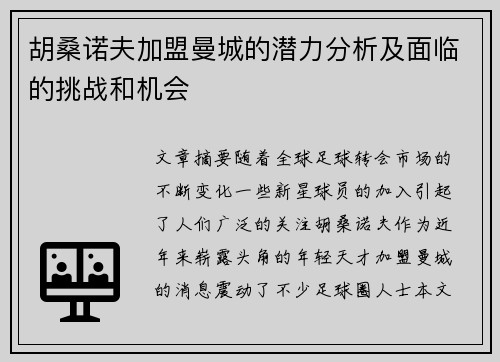 胡桑诺夫加盟曼城的潜力分析及面临的挑战和机会