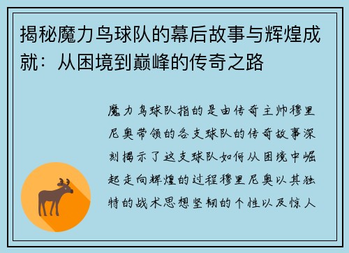 揭秘魔力鸟球队的幕后故事与辉煌成就：从困境到巅峰的传奇之路